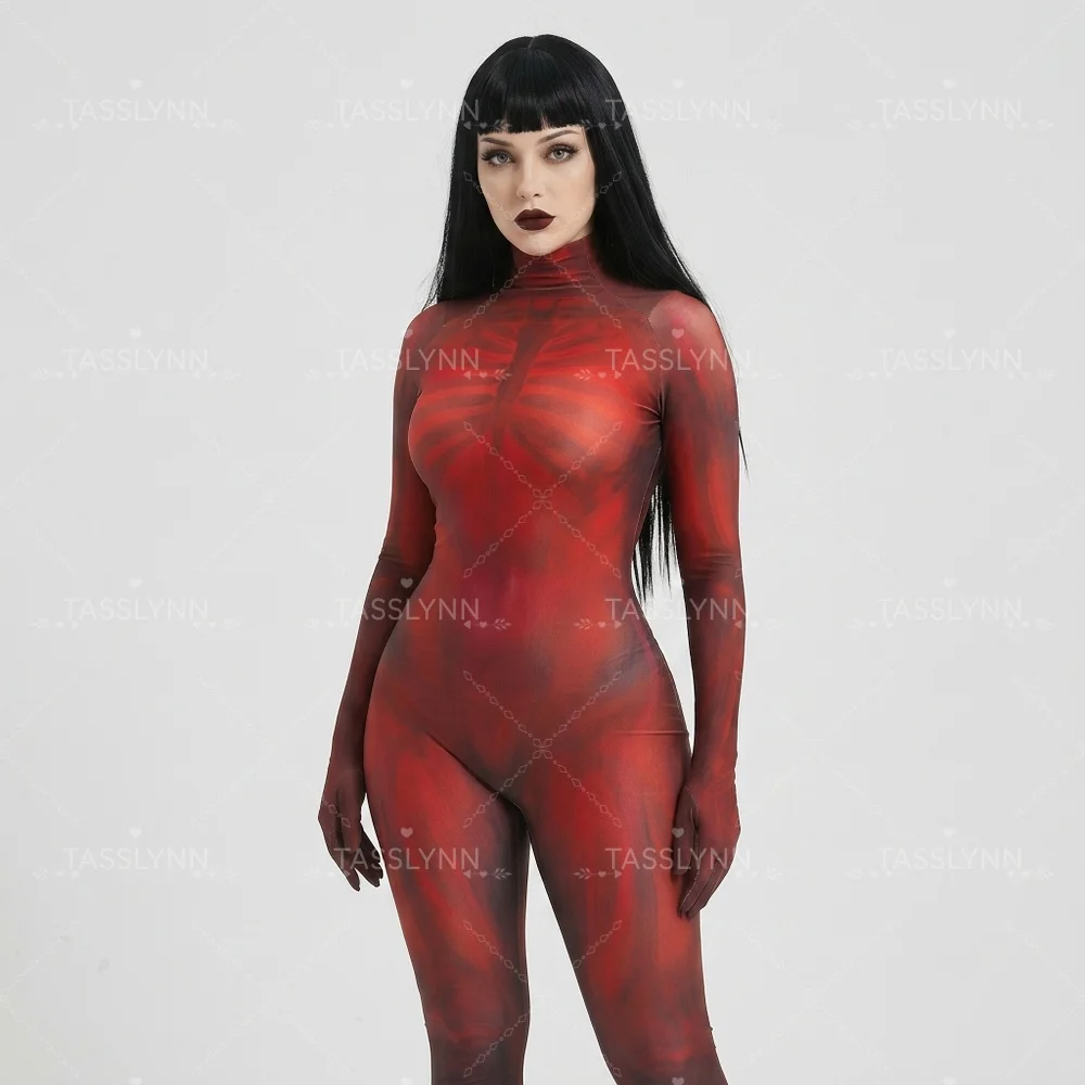 Women Red Muscle Skeleton Zentai Bodysuit, Full Body Ribcage Bone Print Jumpsuit Horror Undead Cosplay Costume For Halloween view 5