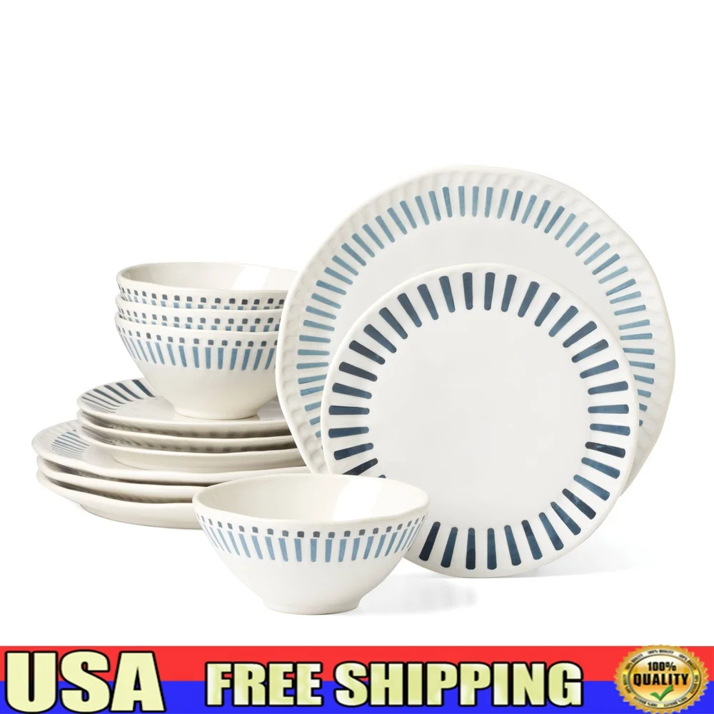 

12 Piece Stoneware Dinnerware Set Service 4 Dishwasher Microwave Safe Elegant Dinner Plates Salad Bowls All Purpose Use