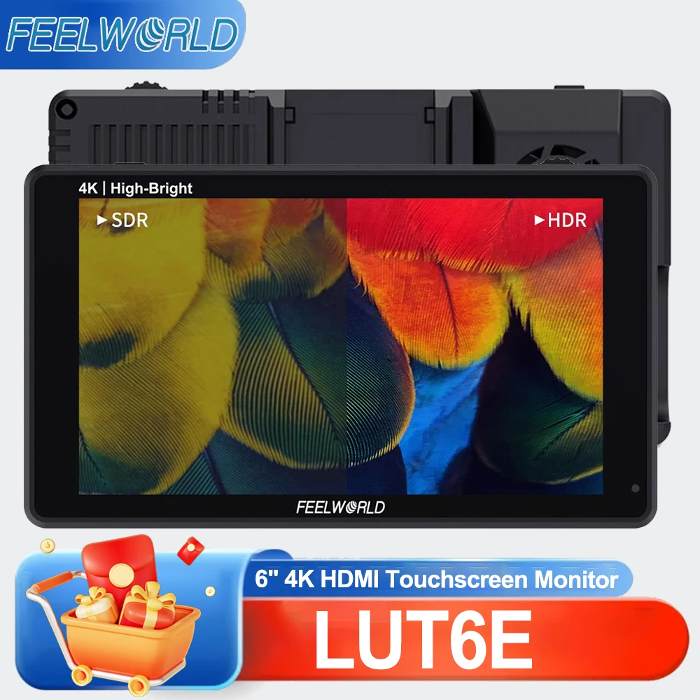 Monitor de Campo para Câmera DSLR FEELWORLD LUT6E de 6 Polegadas com Tela Sensível ao Toque 1600nits Full HD IPS 1920x1080 4K HDMI 3D LUT Waveform Vector
