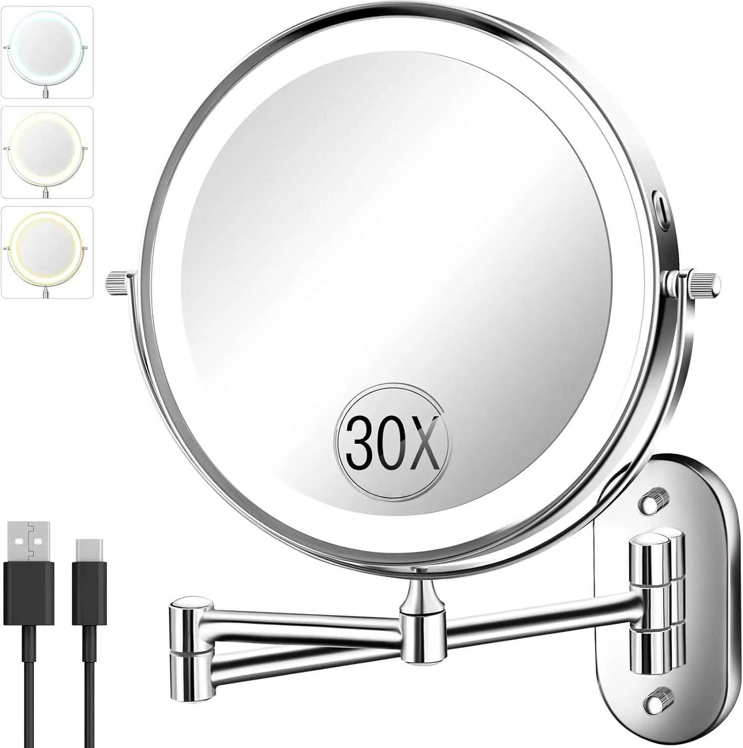 

Wall Mounted Lighted Makeup 8'' Double Sided Rechargeable Magnifying Mirror,3 Color Lights Touch Dimmable Extended 360 Rotation
