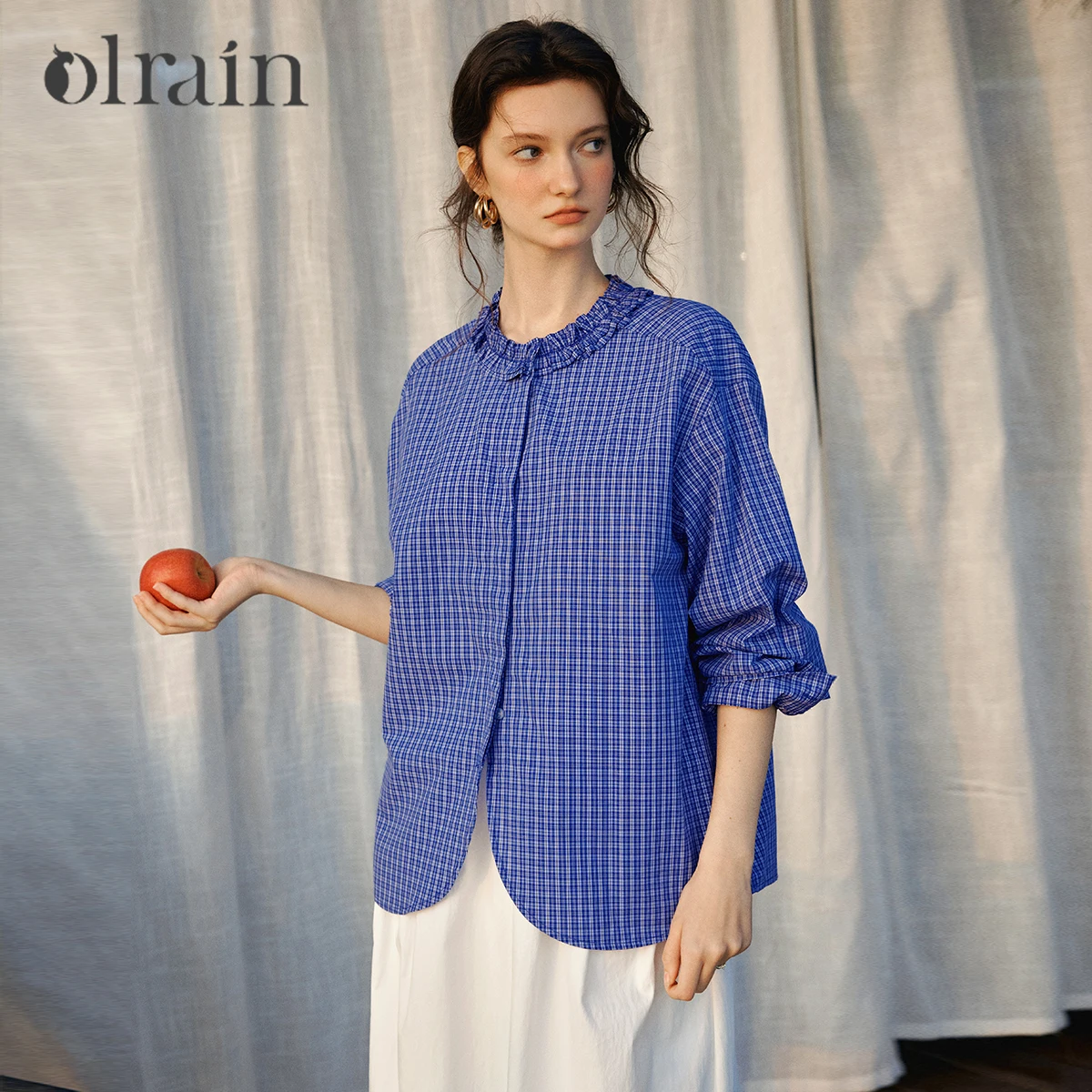 

OLrain женская синяя клетчатая рубашка, повседневная блузка с круглым вырезом в виде съедобного дерева и грибка, 2026, весенние топы из 100% хлопка O58CC003080