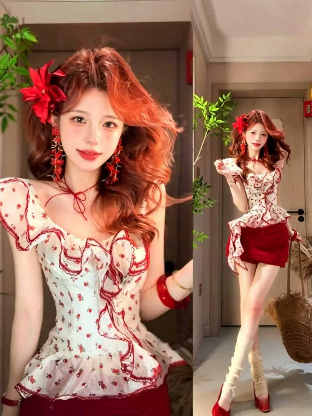 

Summer Beautiful Red Short Skirt Set Cute Gentle Style Complete Outfit V-Neck Sleeveless Comfortable Cotton High Waist