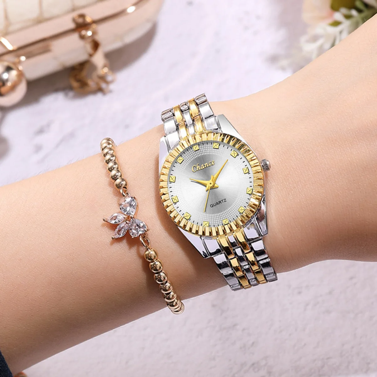 2pcs/set Quartz Ladies Steel Band Watch+Rhinestone Pentagram Bracelet