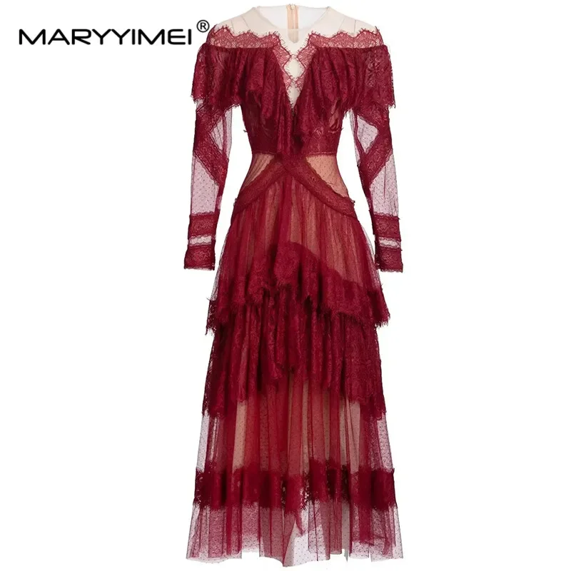 

MARYYIMEI Fashion Runway dress Summer Women's Dress Mesh O Neck Polka Dots Splicing Lace Ruffles Sexy Lady Red Party Dresses