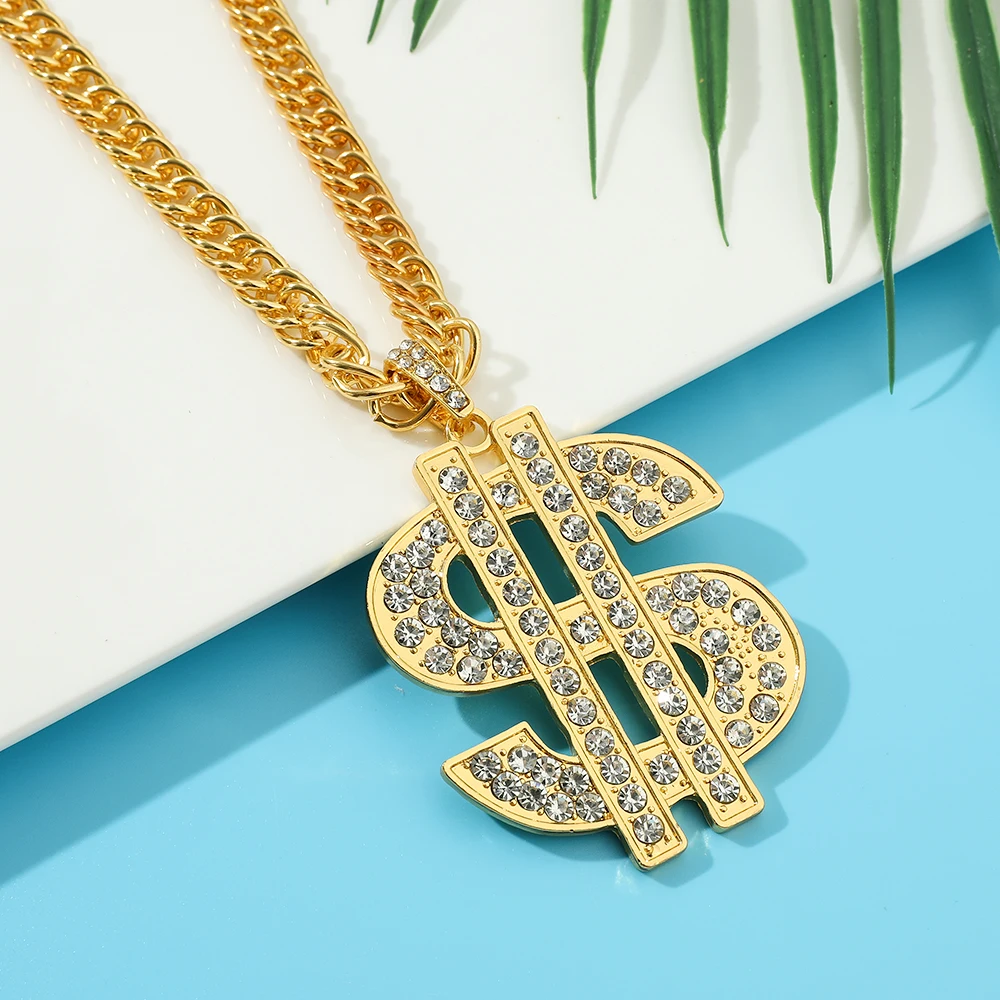 Hip Hop Rap Gold Color US Dollar Pendant Necklace Luxury Rhinestones Dollar Money Symbol Necklace for Rock Jewelry Accessories