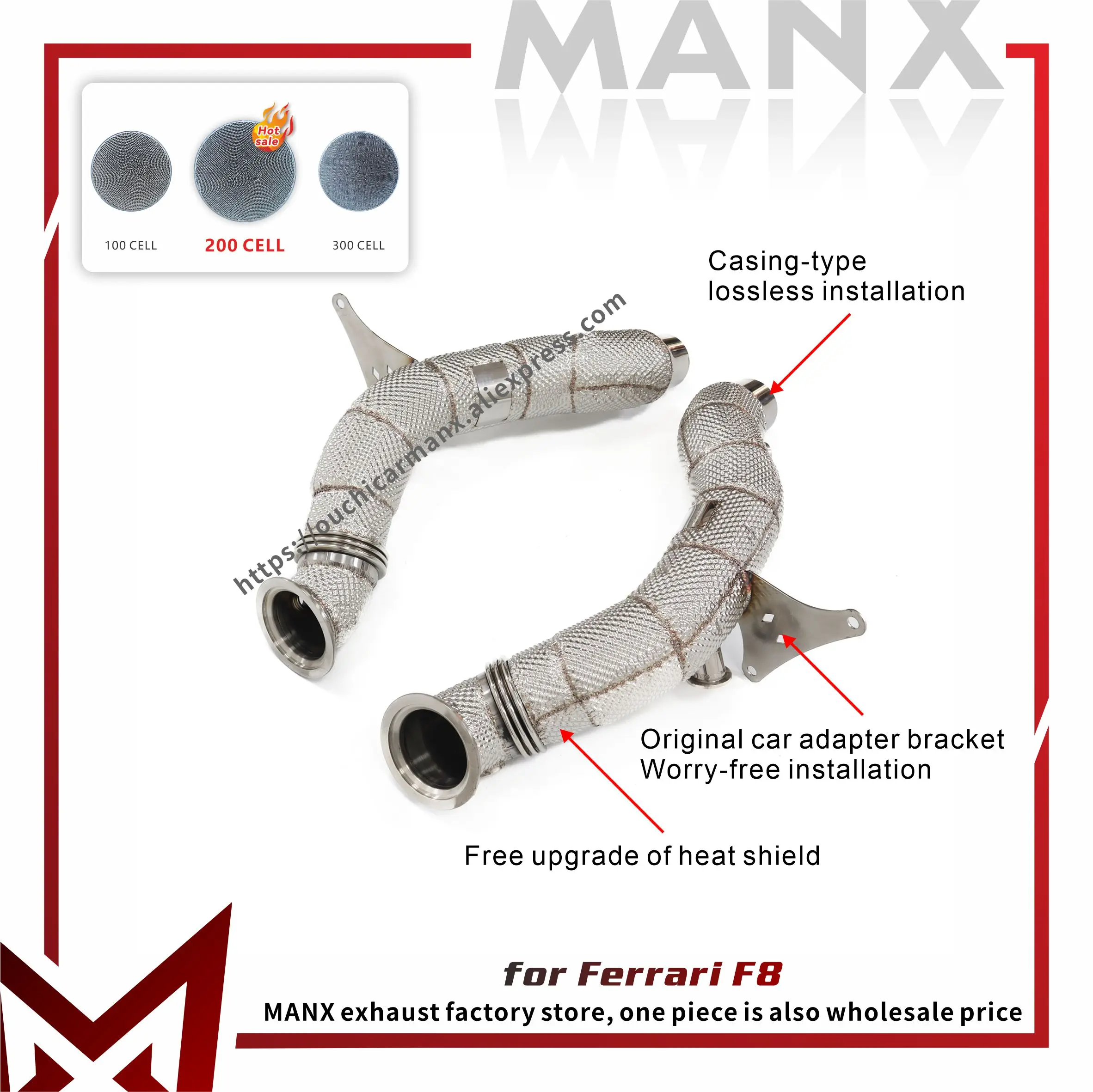

MANX SS304 Downpipe for Ferrari F8 with Heat shield Support customization High flow performance
