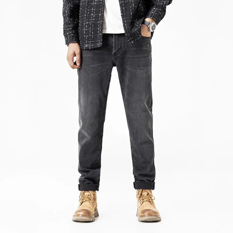 

Осень 2021, новые высококачественные черные, серые мужские джинсы, потертые в стиле ретро, эластичные, маленькие уличные брюки прямого кроя
