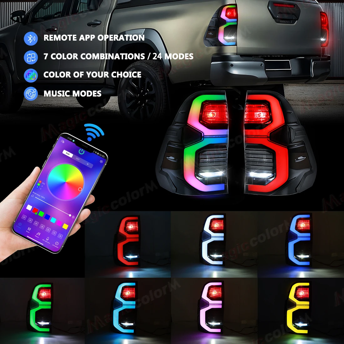 RGB APP التحكم مصابيح خلفية السيارة لتويوتا هايلكس ريفو 2015 2016 2017 - 2022 2023 2024 الفرامل الخلفية القيادة عكس المصابيح الخلفية للسيارة #2