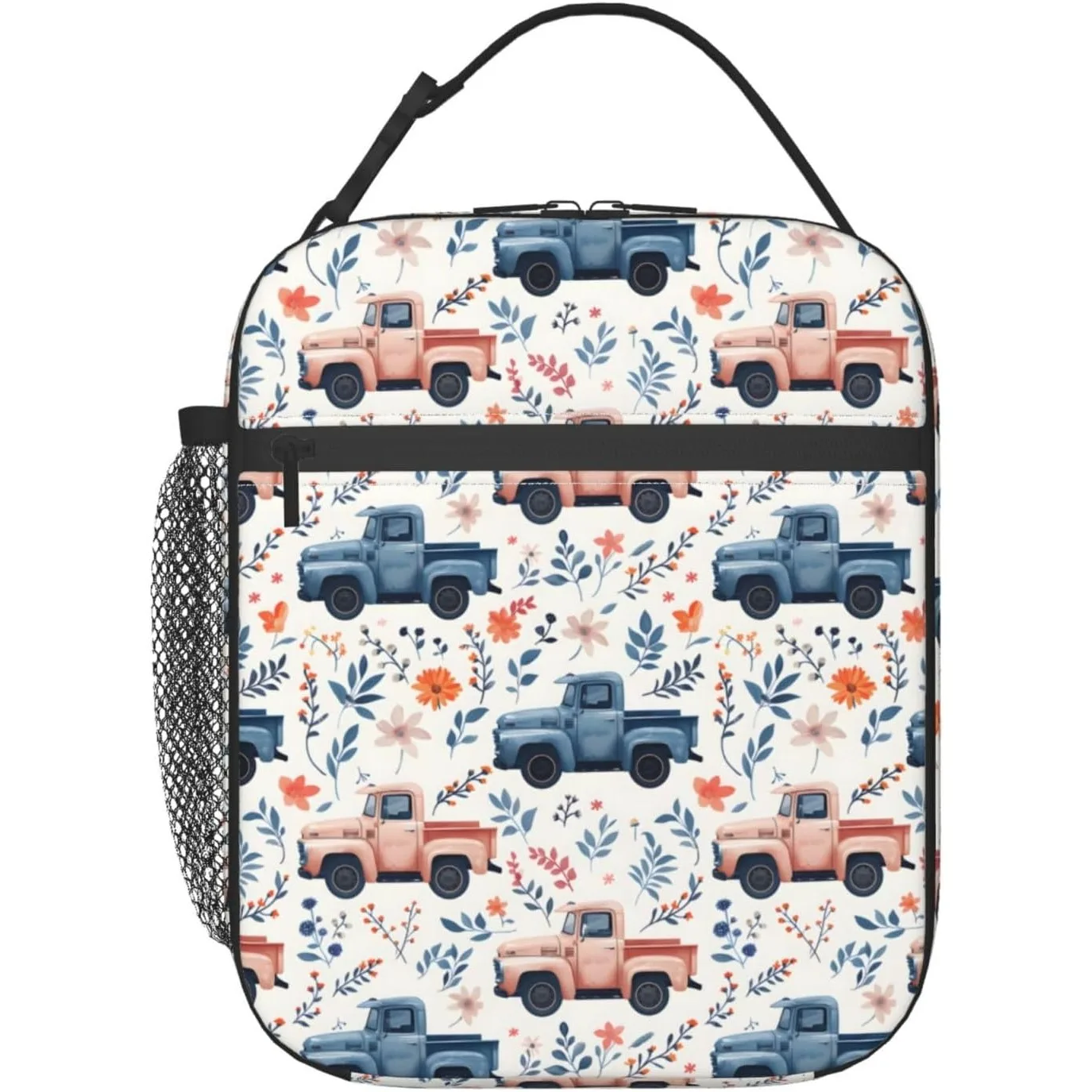 Retro Truck Lunch Box for Women Adults Kids, Insulated Cooler Polyester Blue and Pink Truck Lunch Bag for Picnic