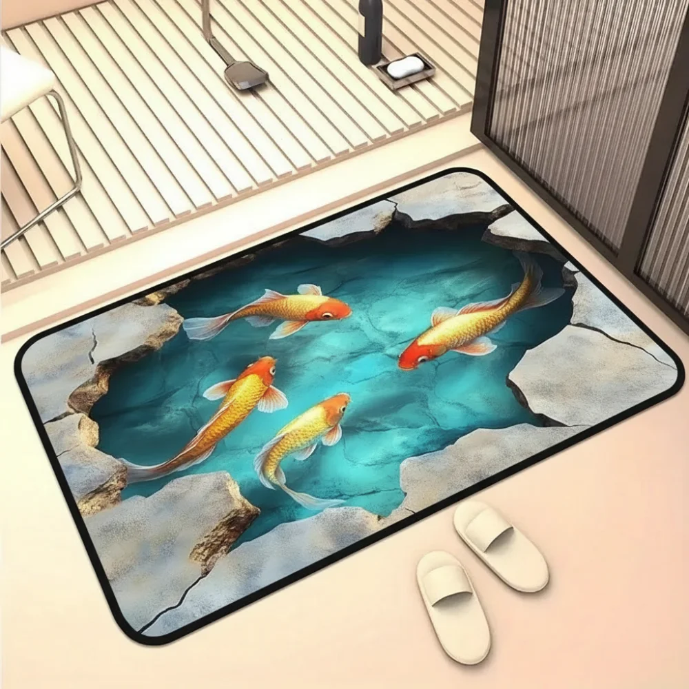40*60cm 3D Visual Crystal Velvet Floor Mat Non-slip Water-absorbing Bedroom Door Small Rug Koi Fish Printing Abrasion-resistant