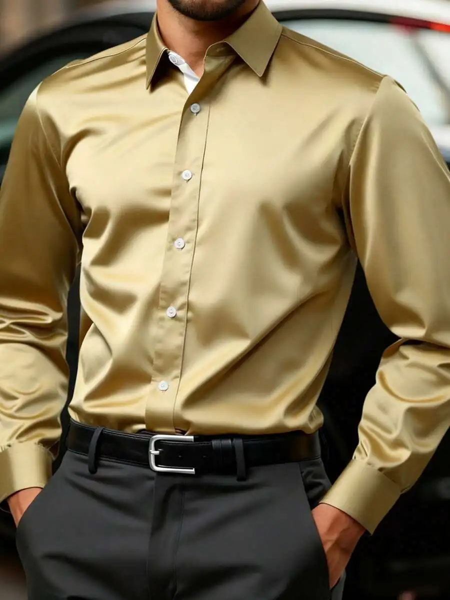 

Men's Satin Finish Long Sleeve Business Casual Shirt in Gold