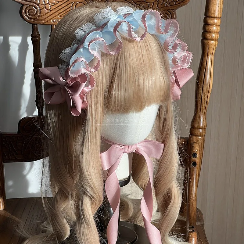 Oryginalny Handmade Lolita Handmade różowy niebieski KC opaska do włosów stroik słodkie akcesoria do włosów opaska BNT