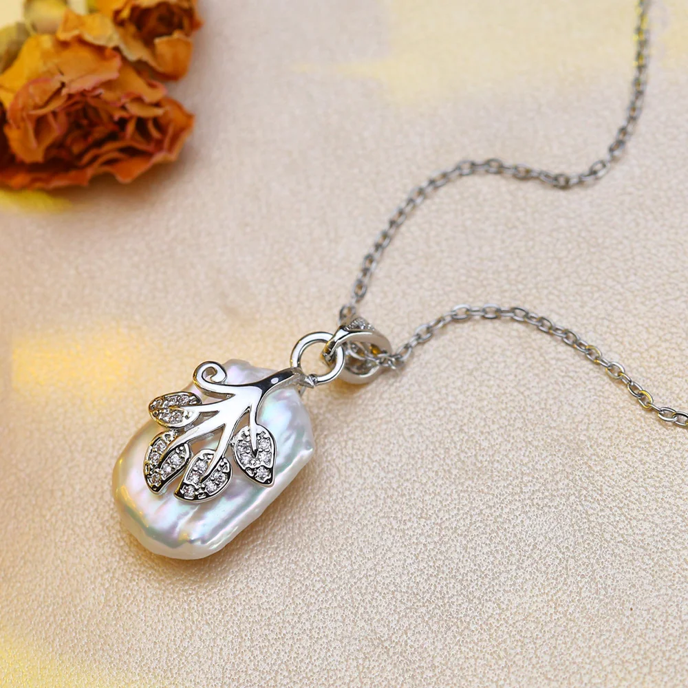 Leaf Baroque Pearl Natural Freshwater Pearl Necklace Pearl For Women Plant Vintage Cubic Zirconia Necklace Pendant Jewelry