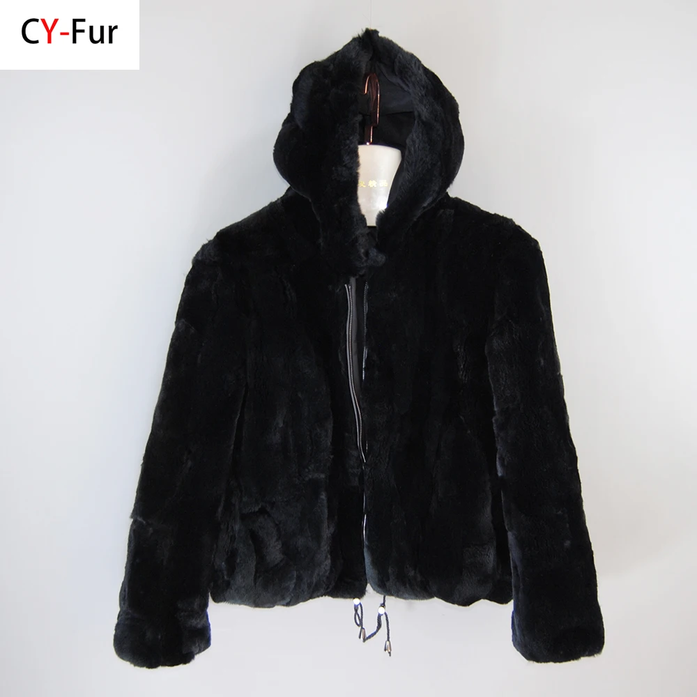 New Fashion Winter Medium Warm Thick Genuine 100% Natural Real Rex Fur Coat Women Hooded Outerwear Whole Style Slim Jacket Cap