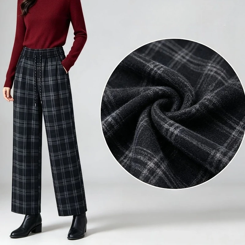 Plaid Woolen Blend Pants Vintage Women Wide Leg Pants Thick Baggy Elastic Waist Trousers Elegant Lady Office Straight Trousers