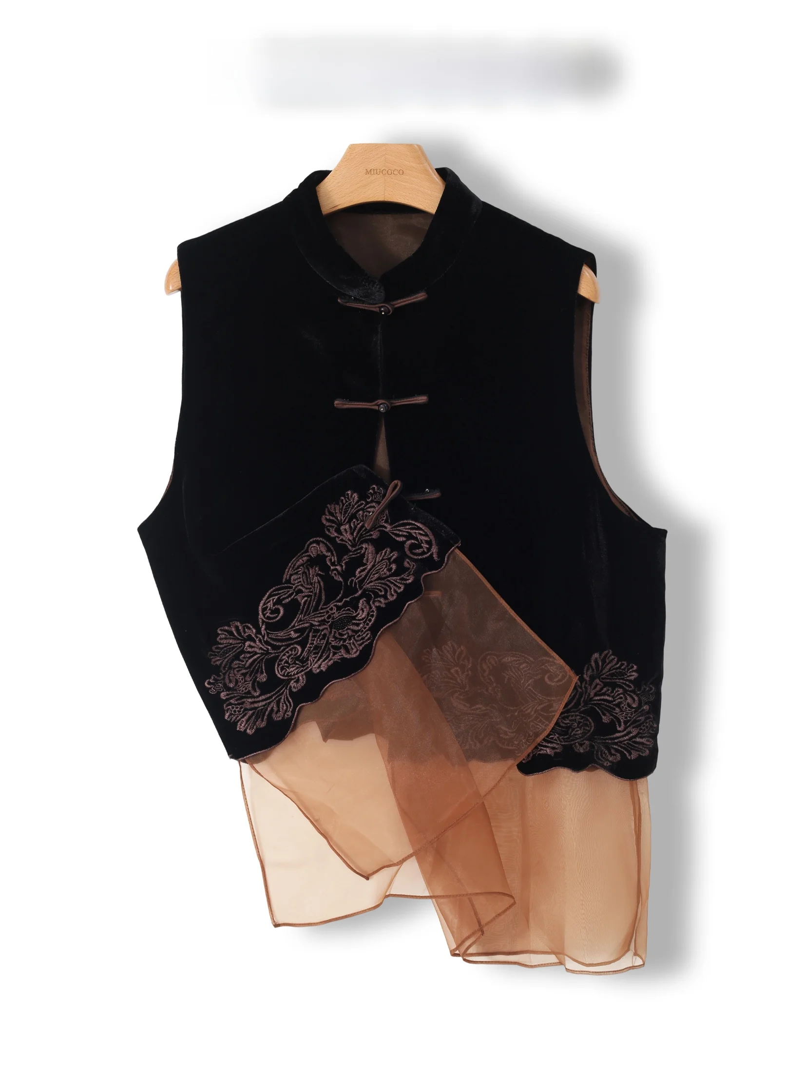 New Chinese Style Embroidered Velvet Patchwork Mesh Vest Women's Shoulder Pad Top Mid-Length Single Button Closure