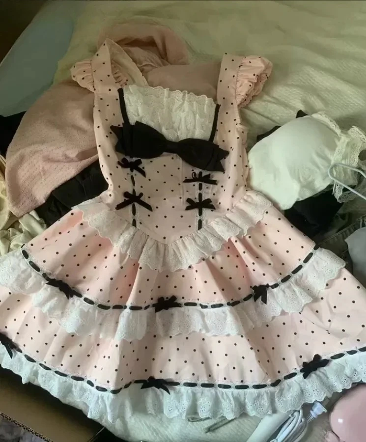 

Pink Polka Dot Bow High Waist Suspender Dress Summer New Lace Lolita Birthday Bat Mitzvah Cake Fluffy Princess Short Dresses