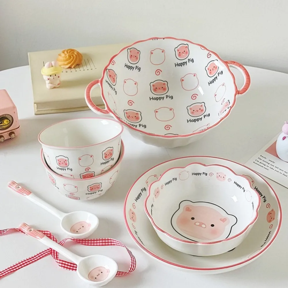 Cartoon Cute Pig Dish Set,Household High-value Ceramic Rice Bowl Plate,New Handle Instant Noodle Bowls Tableware Dinner Plates