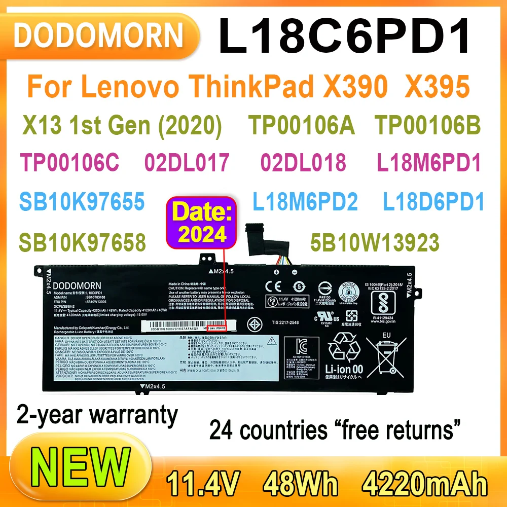 New L18C6PD1 Laptop Battery For Lenovo TP00106A TP00106B TP00106C,ThinkPad X13 1st Gen (2020),X390 X395,L18M6PD1,L18M6PD2 48Wh