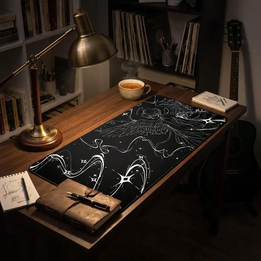 Aesthetic Angel Star Line Art Large Extended Mouse Pad, Black Gothic Wing Halo XL Gaming Desk Mat Non-Slip Rubber Keyboard Pad For Work & Gaming