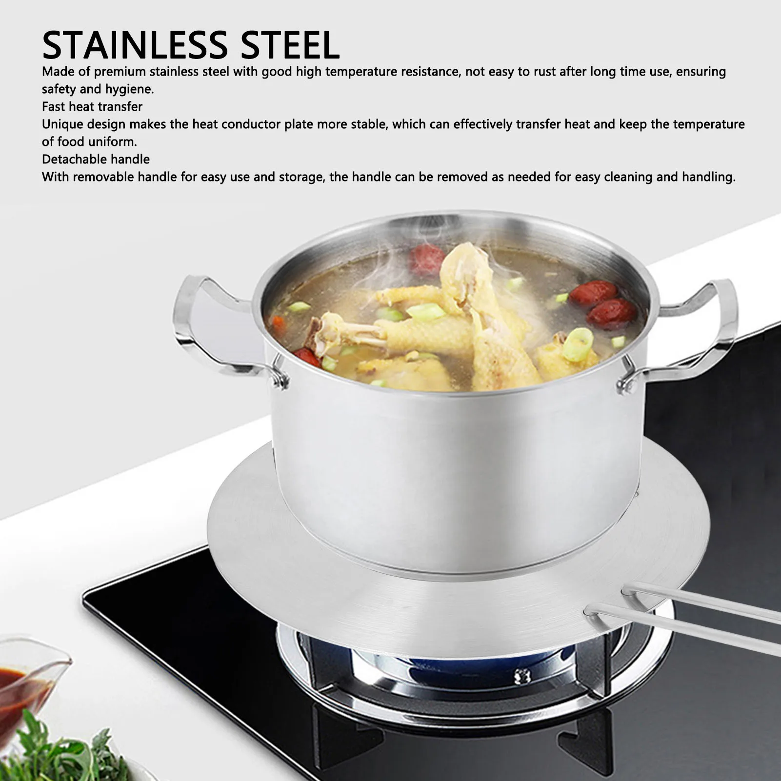Stainless Steel Induction Plate Heat Diffuser Round with Handle Fast Heat Conduction Rustproof for Induction Cooker Gas Electric