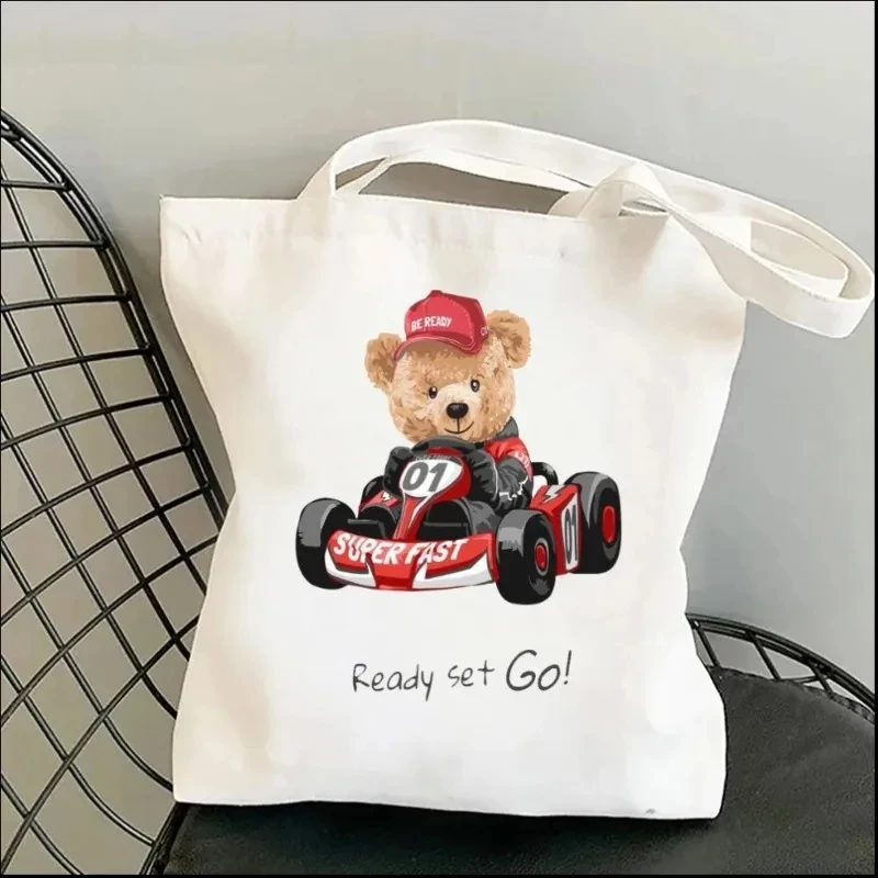 Fashion Cute Bear Ladies Canvas Handbag Fashion Shoulder Bag Eco-friendly Large Capacity Portable Travel Shopping Bag Gift