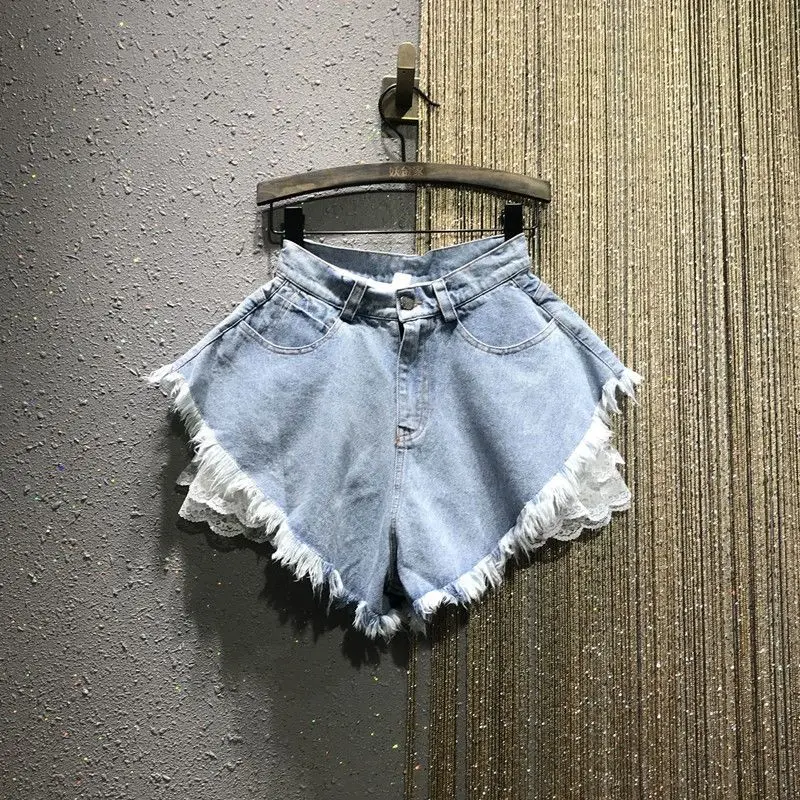 

New Women Denim Shorts Jeans Feminino Summer Wide Leg Female Loose Shorts Tassel Lace Femme Cloth Pantalones Fashion Streetwear