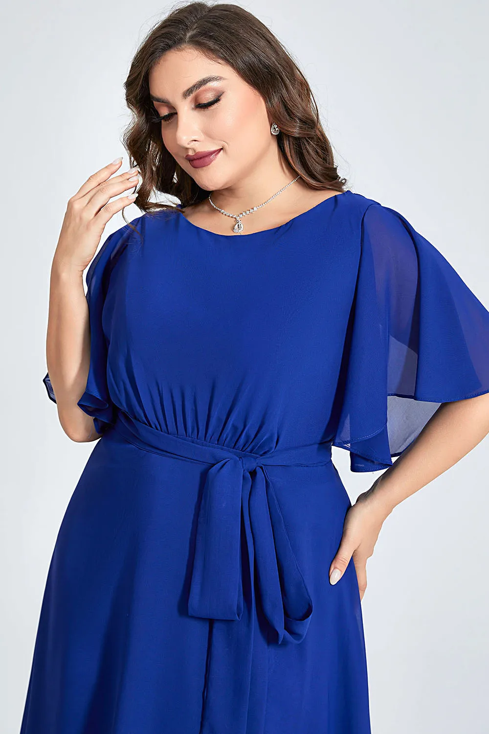 Flycurvy Plus Size Formal Royal Blue Chiffon Ruffle Sleeve Lace-Up Tunic Maxi Dress