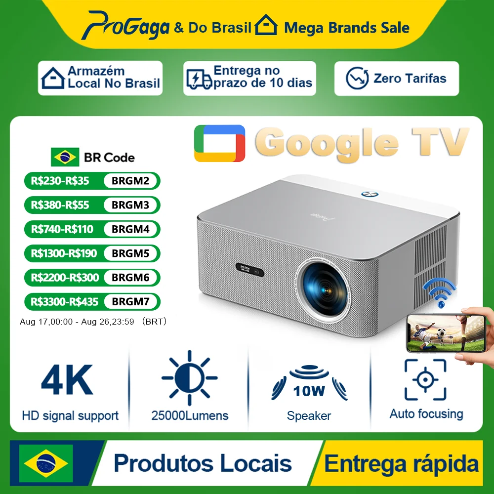 NO BRASIL -  Projetor PROGAGA PG610 PG610W ATV Android 9.0  2GB RAM  32GB ROM 25000 Lumens