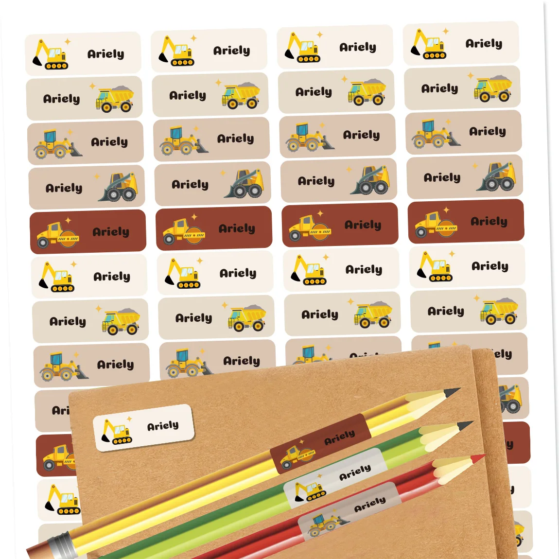 120 peças adesivos personalizados com nome infantil, etiquetas à prova d'água com tema de caminhão de construção para material escolar, livros, copos, lancheiras