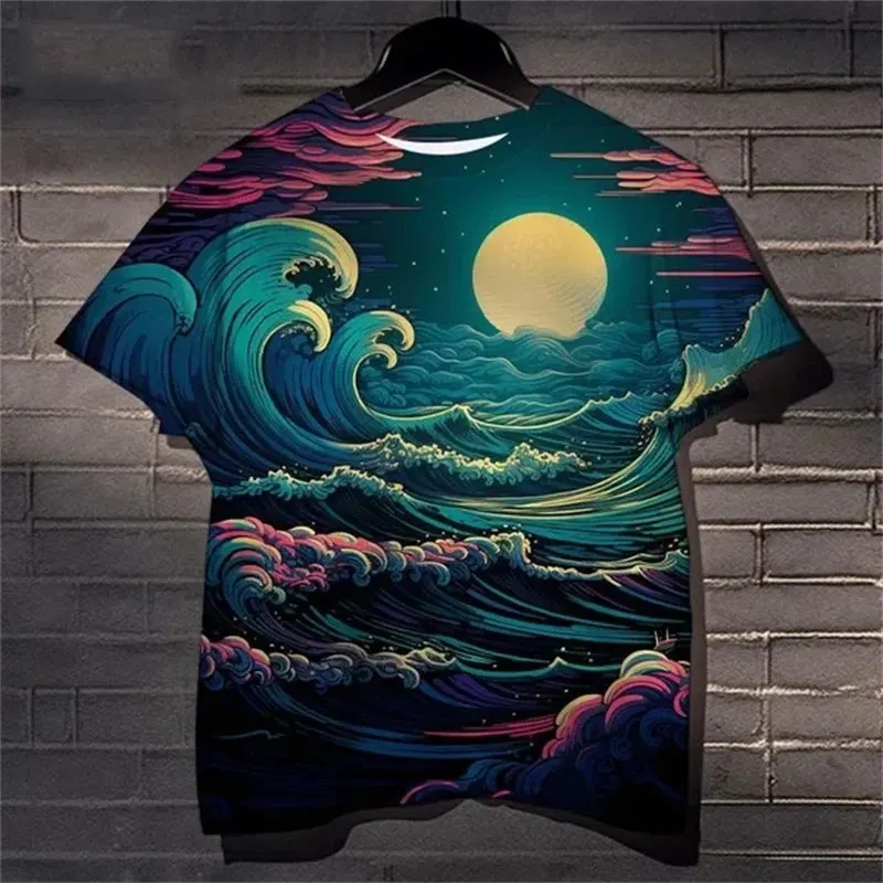 Summer Fashion Casual Sunrise Over the Sea Scenery Graphic T-shirt For Men New Trend Street Hip Hop 3D Printed Short Sleeve Tops