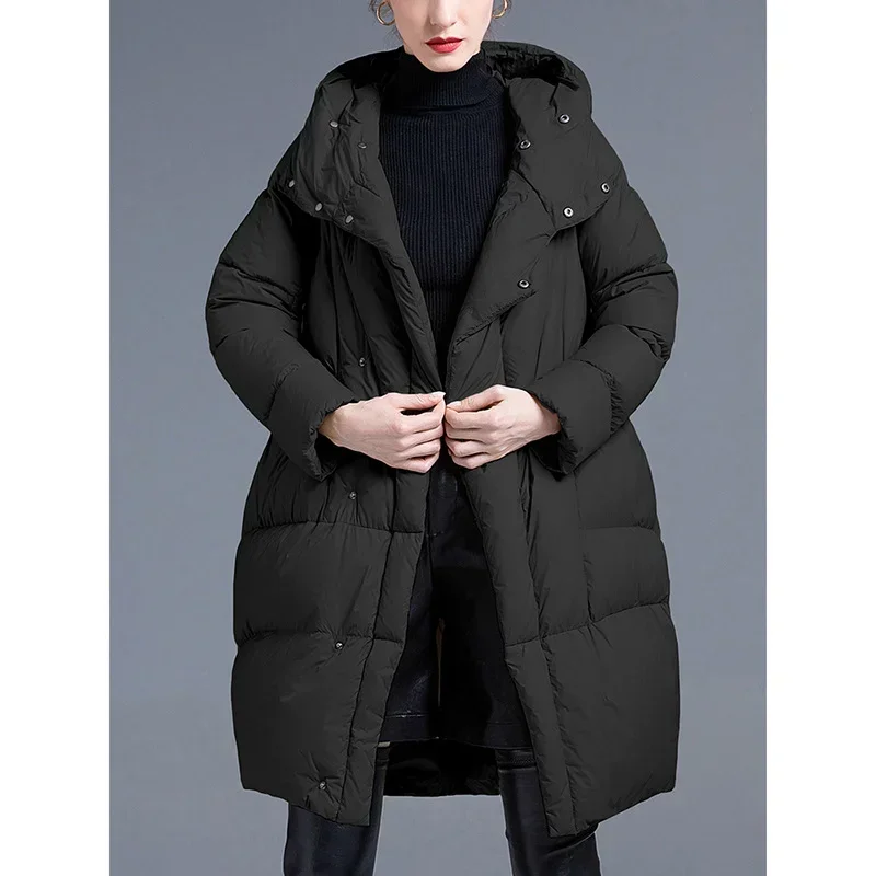 Loose Silhouette Down Coats Women Hooded 2024 Winter Hidden Button Thickened Slimming White Duck Jacket Fashion Commuter Style