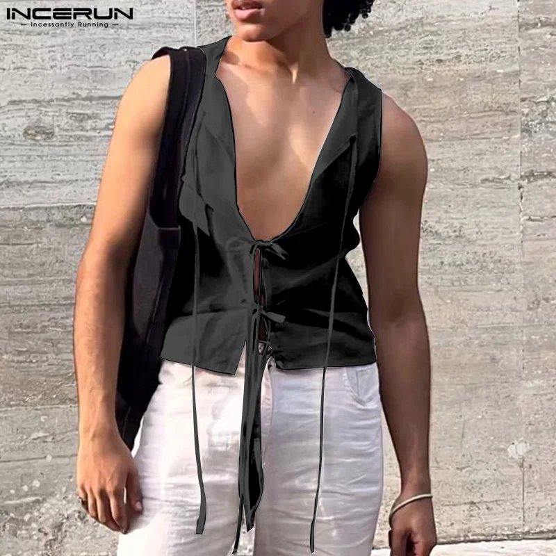 

INCERUN Men Tank Tops Solid Color Sleeveless V Neck Lace Up Male Vests Streetwear Summer Hollow Out 2025 Fashion Unisex Tops