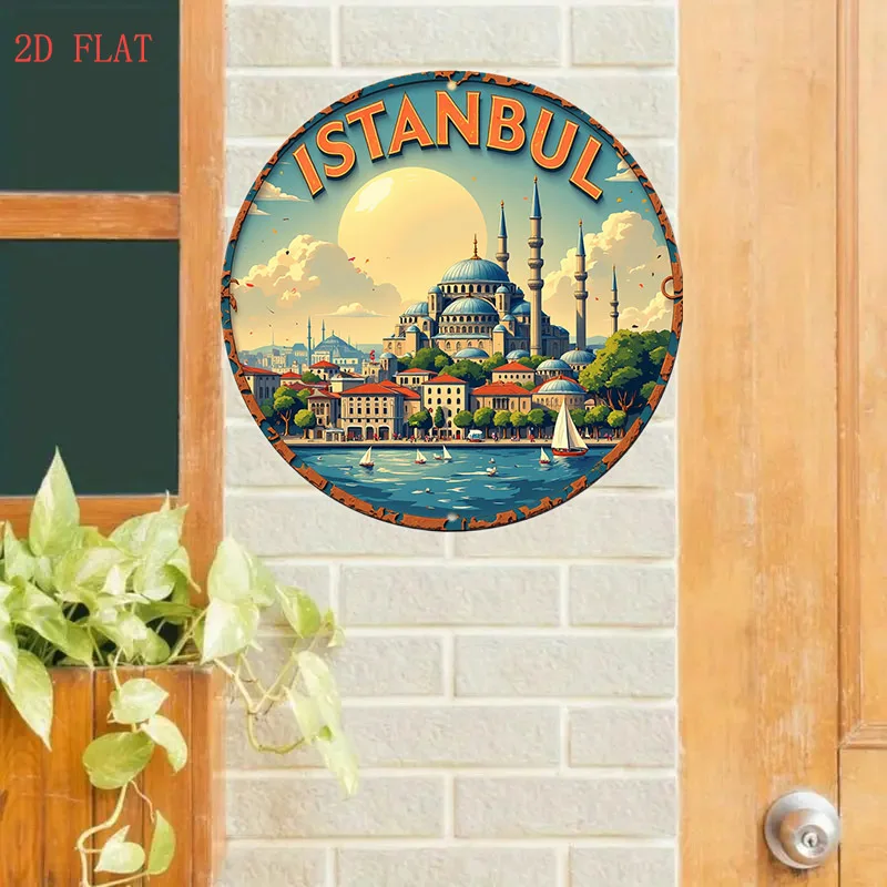 لوحة فنية جدارية مسطحة ثنائية الأبعاد، قطعة واحدة من اسطنبول سيتي سكيب - لافتة ألومنيوم مستديرة مقاس 8 بوصات مع تصميم قصر سعيا وصوفيا توبكابي، ألوان نابضة بالحياة #3