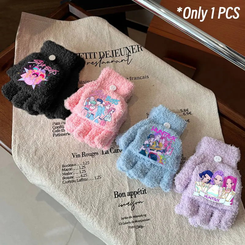

For K-Pop Student Winter Warmth Cartoon Knitted Half Flip Gloves Coral Fleece Anti Cold Half Finger Cover gloves for children