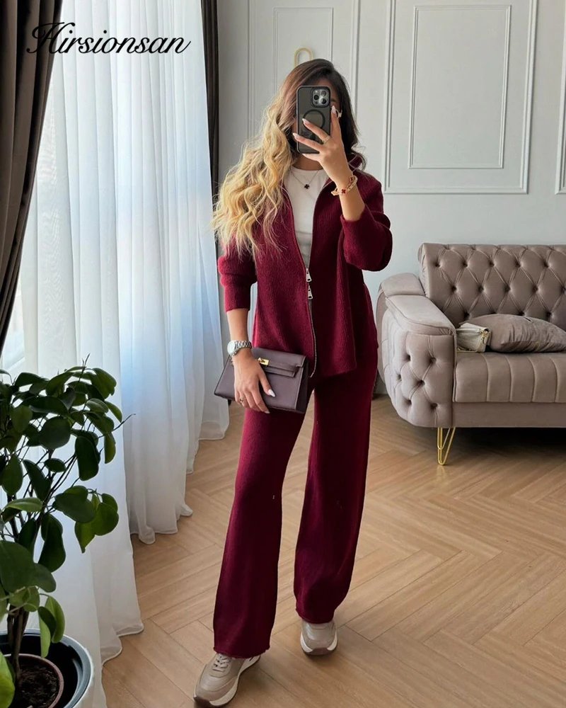 Hirsionsan Elegant Soft Vintage Women Cardigan Suits 2 Pieces Female Skirt Sets O Neck Sweater & Midi Dress Knitted TrackSuit