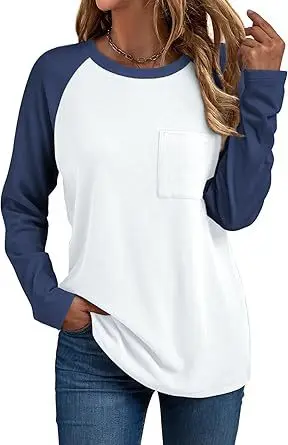 

2026 Spring New Women's Round Neck Long Sleeve Patchwork T-Shirt Fashionable Casual Pocket Versatile Top