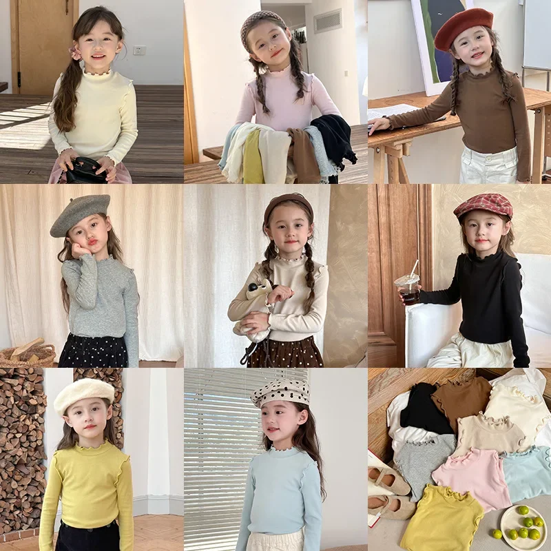 

Girls Top 2024 Autumn New Childrens Wear Korean Girls Baby Foreign Style Sweet Wooden Ear Lace Base Shirt Casual Simple Daily