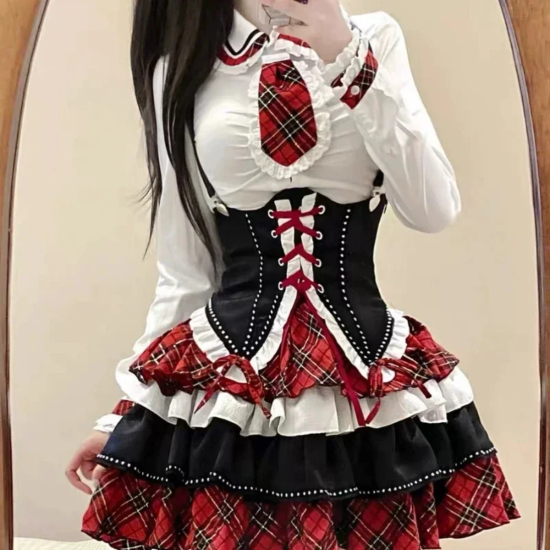 Japanese Gothic Lolita 3 Piece Set Women Plaid Patchwork Kawaii Sweet Mini Skirt Suit Female Korean Fashion Chic Y2k Outfit 2023