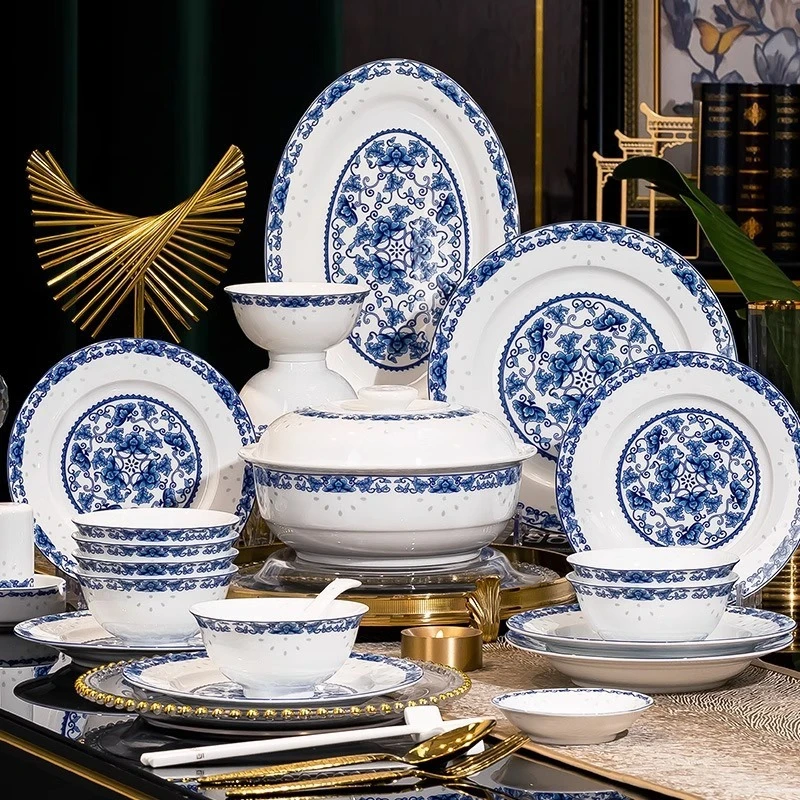 

Jingdezhen 56 pieces of glazed high-end Chinese high white porcelain tableware and plates set