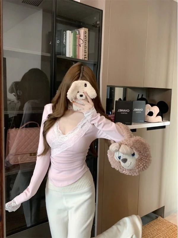 레이스 트림 V넥 브라드 베이스 여성 이너 디자인 슬림핏 퓨어 디자이어 롱 슬리브 초가을 시크 탑