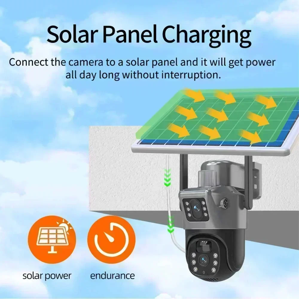 Câmera ao ar livre solar com tela dupla, 4K, 8MP, cartão SIM, 256G memória, IP Cam, proteção de segurança, vigilância sem fio