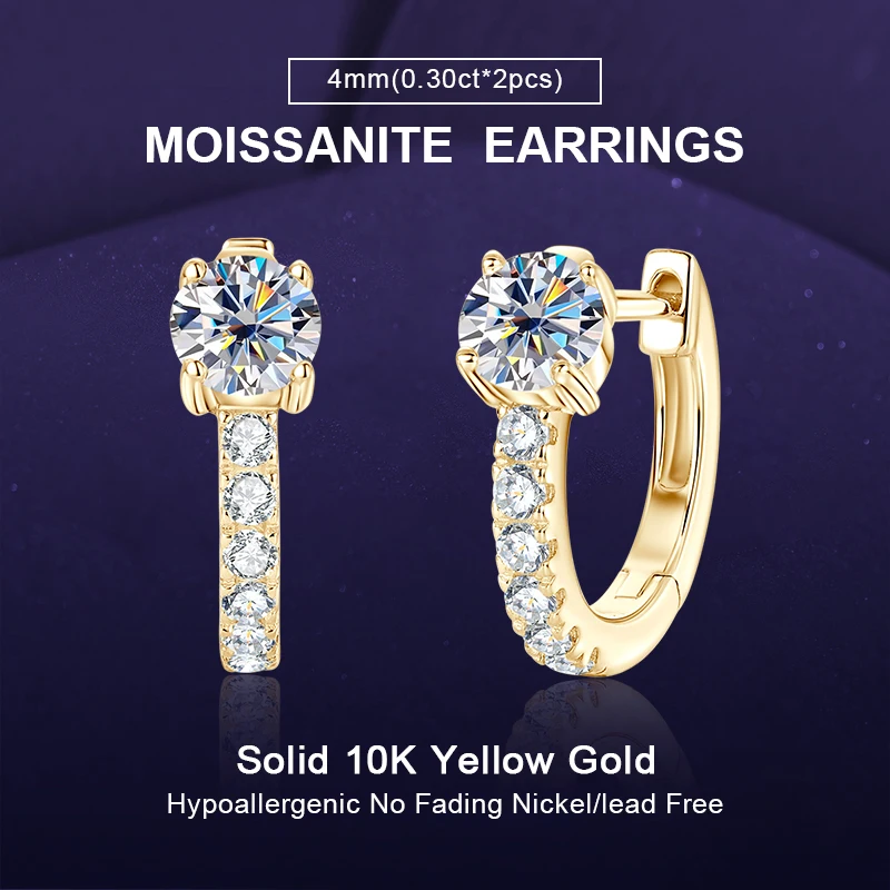 IOGOU 10k Solid Yellow Gold Earrings for Women 4mm 0.3ct D Color Round Moissanite Hoop Earrings Luxury Engagement Jewelry Gift