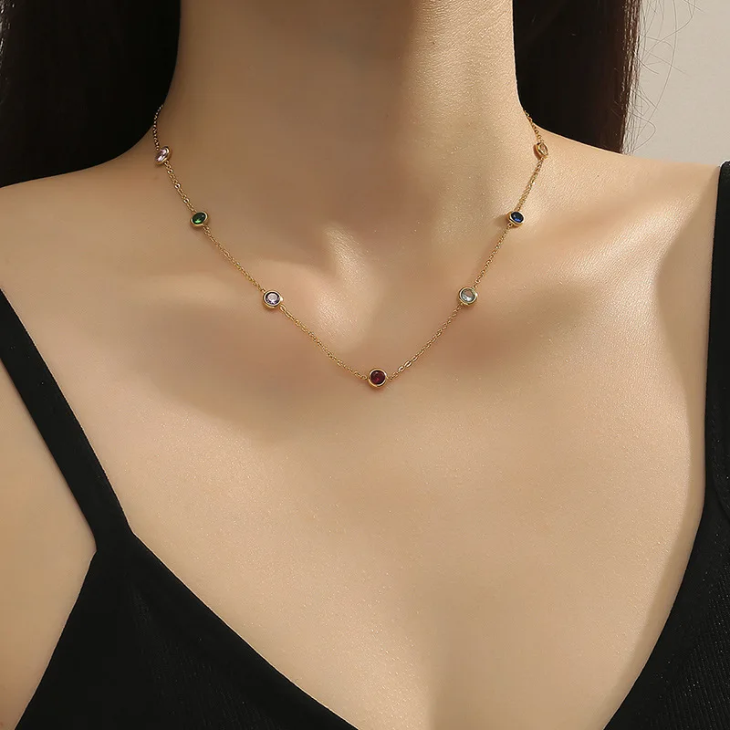 

Free Shipping Waterproof Necklace Stainless Steel Colorful Gems Zircons Crystal Charm Gold Neck Chain Choker Necklace Girl Gift