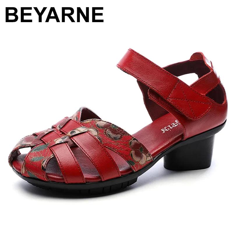 BEYARNE   Genuine Leather Sandals Women Chunky Heel Sandals Soft Flowers Woven Fish Mouth Summer Shoes Casual Mother Sandals