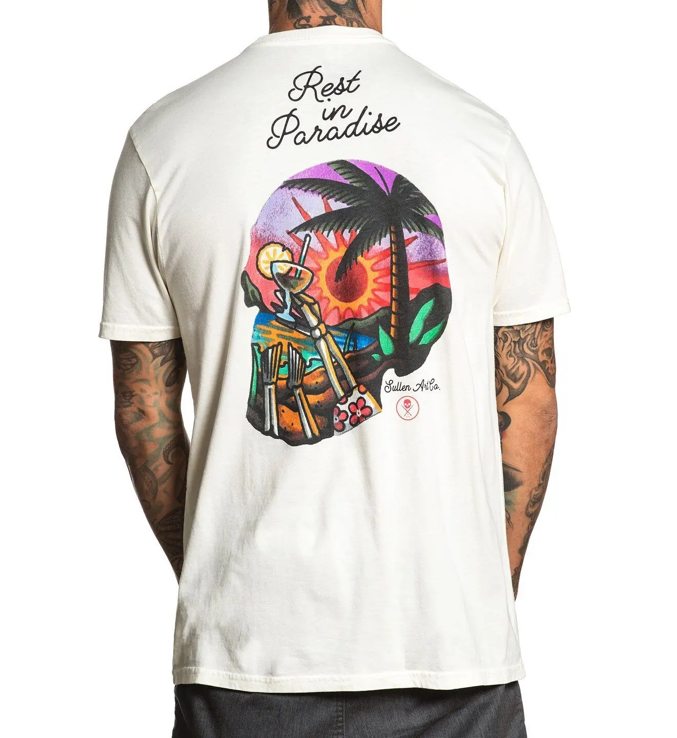 

Sullen Art Clothing Paradise Skull Palm Trees Beach Tattoos Tee Shirt SCM1886