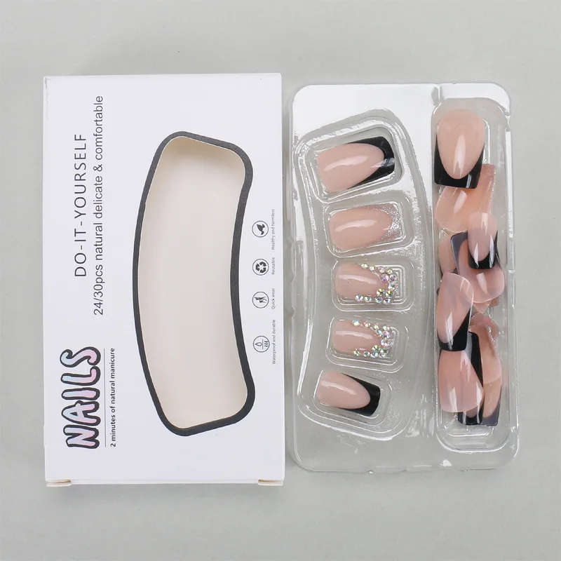 24 個ヨーロッパとアメリカの人気の着用ネイルパッチラインストーンスパークリングブラックフレンチネイルパッチスパイシーガール偽爪