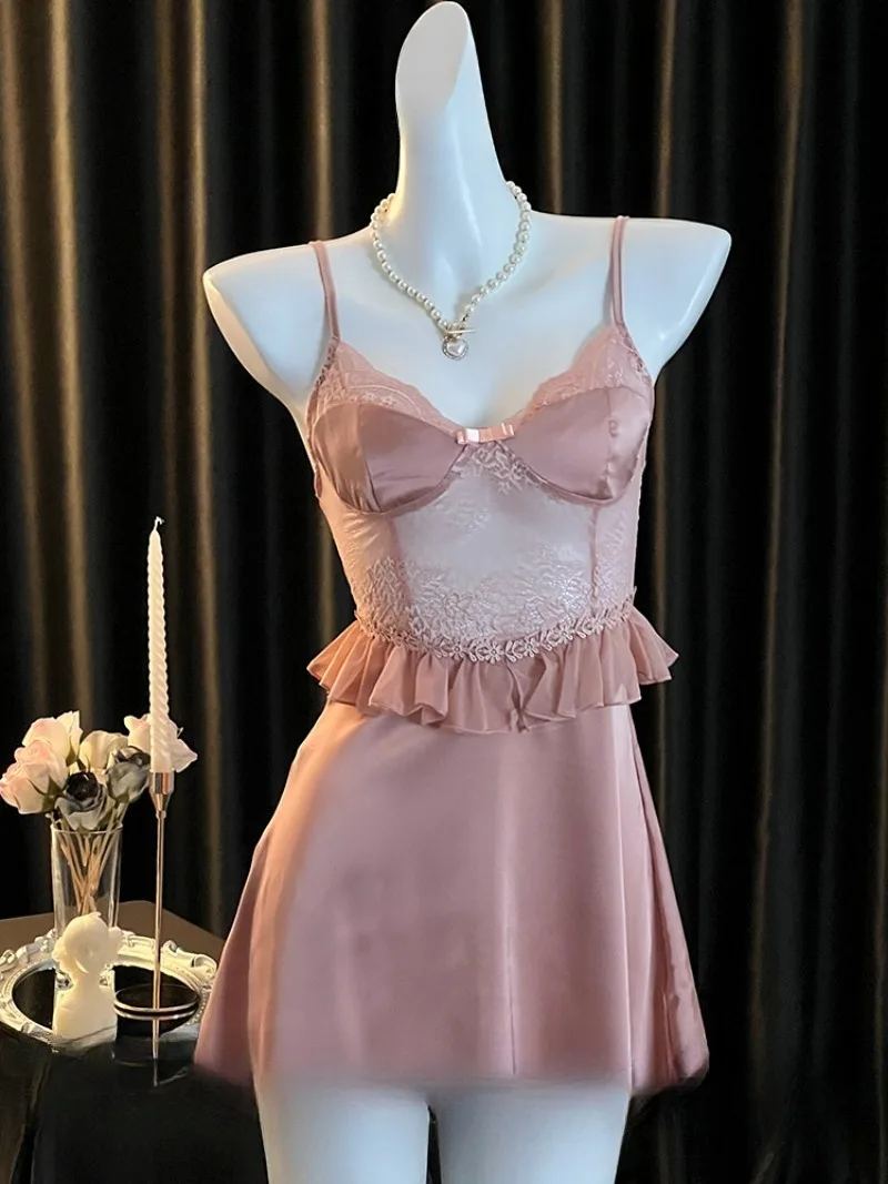 

New Sexy Ice Silk Halter Pajamas,Lace Patchwork Sleepwear Women,Thin Backless Homewear,Pure Sensual Style,Romantic Date Lingerie