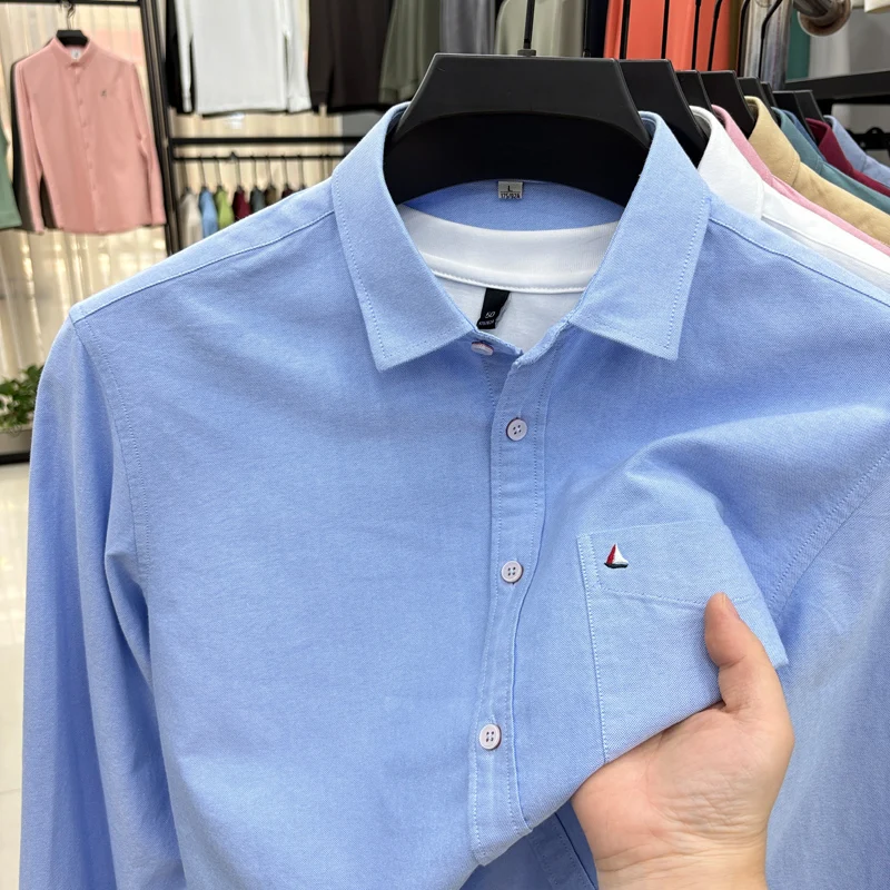 men's cotton100%  autumn high quality shirt lapel embroidery pocket long sleeves leisure business skin-friendly men clothing top