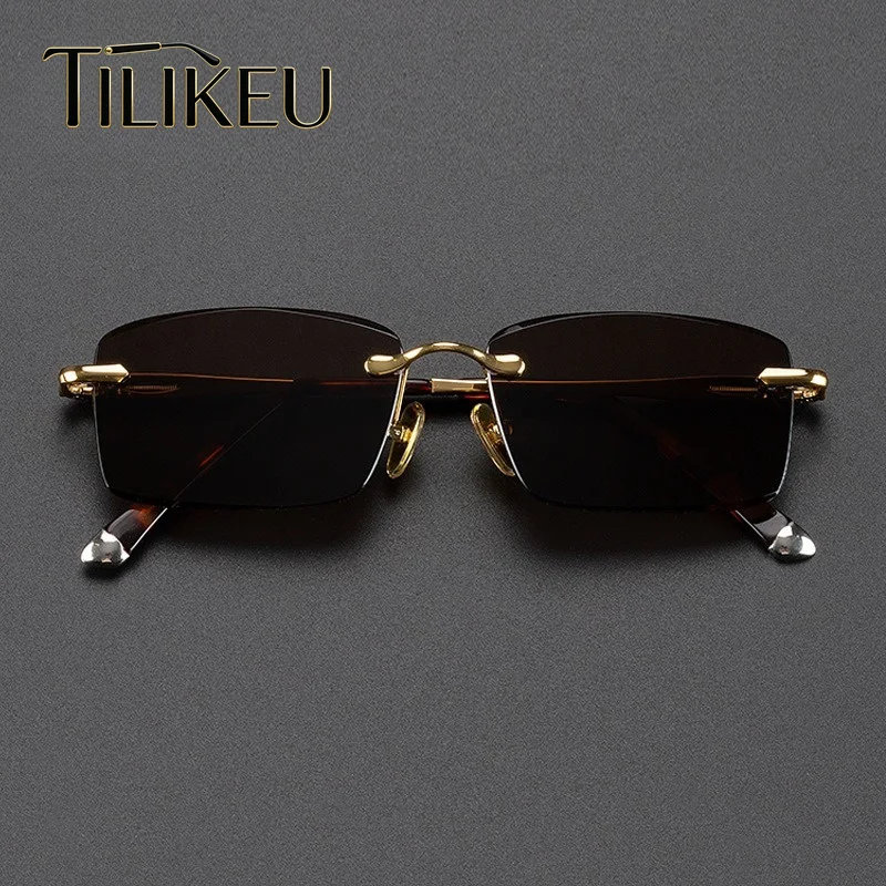 2026 New Alloy Brown Crystal Glass Sunglasses Classic Men Square Anti-Scratch Frameless Cut-edge Stone Rimless Sun Glasses UV400